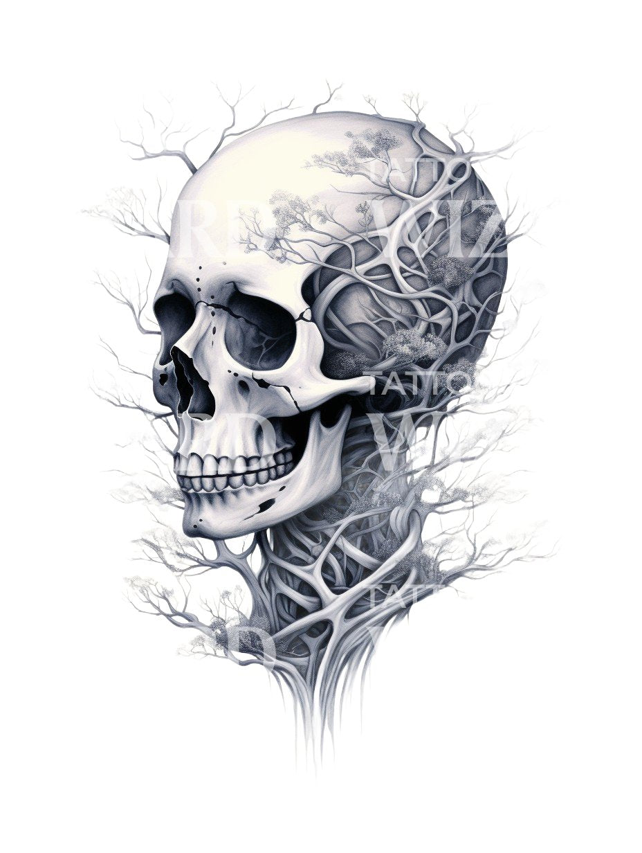 Crâne en racines conception de tatouage noir et gris
