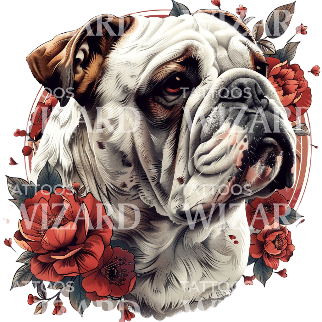 Bulldog and FLowers Portrait Tattoo Design