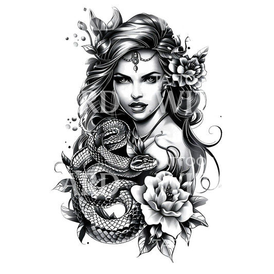 Tenacious Woman and Snake Tattoo Design