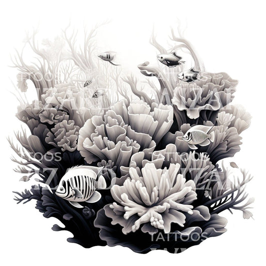 Conception de tatouage de récif de corail noir et gris