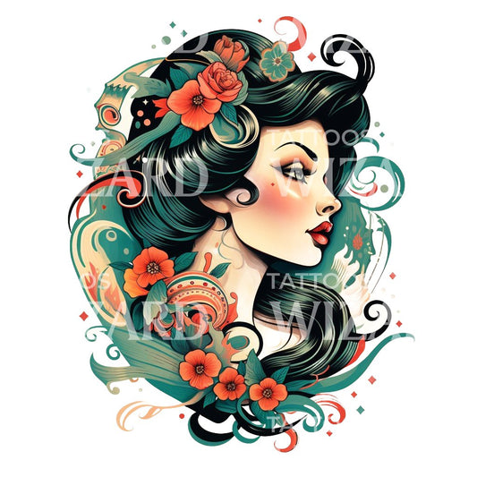 Neo Traditional Woman and Flowers Design