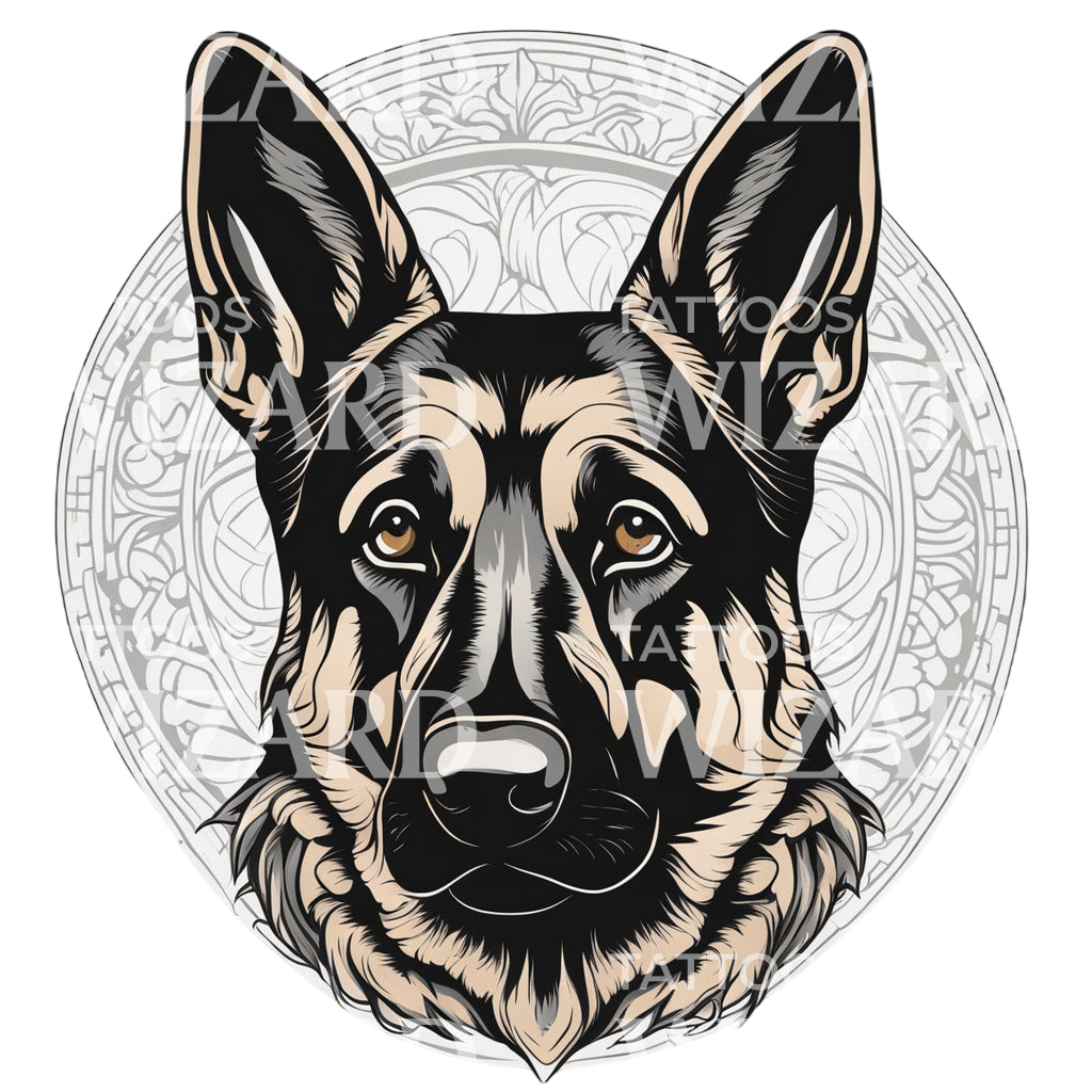 Tête de chien de berger allemand avec conception de tatouage à motifs de cercles