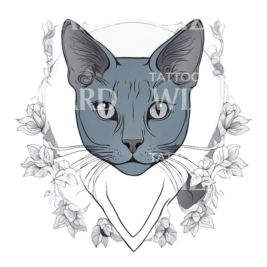 Russian Blue Cat Head with Floral Patterns Tattoo Design