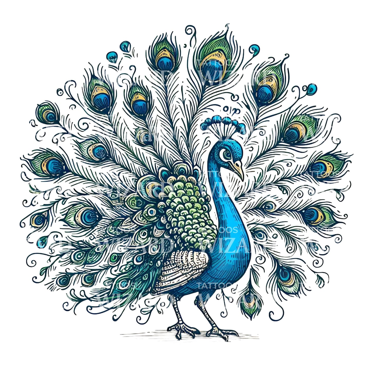 Paon avec conception de tatouage de plumes ouvertes