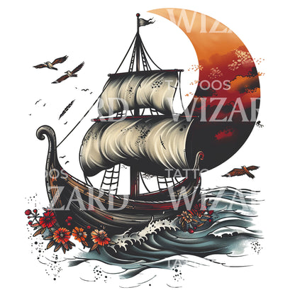 Neotraditional Ancient Boat Tattoo Design