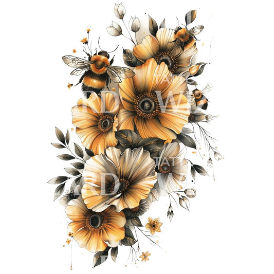Conception de tatouage de bourdons et de fleurs jaunes