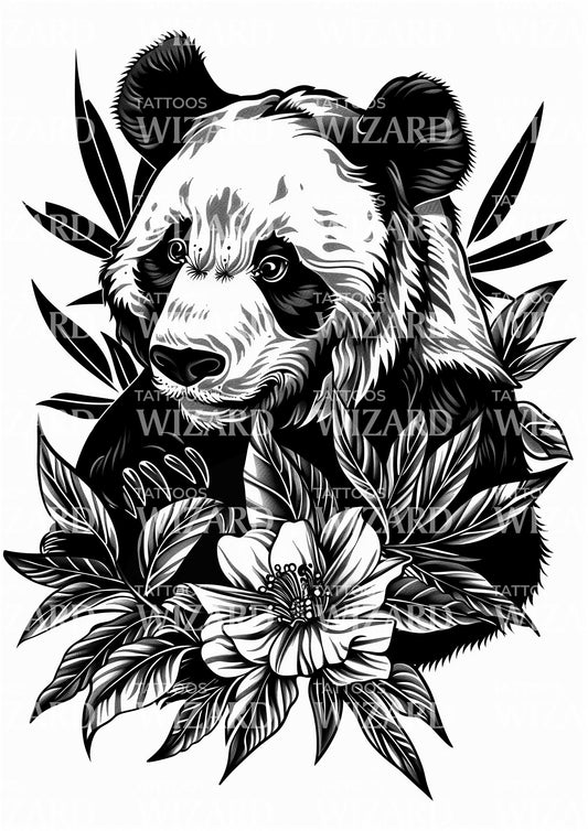 Black & Grey Panda Bear with Flowers Tattoo Idea