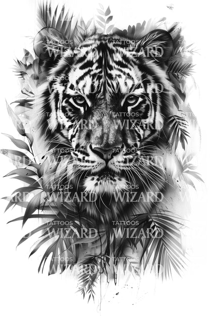 Black & Grey Wild Tiger Tattoo Idea