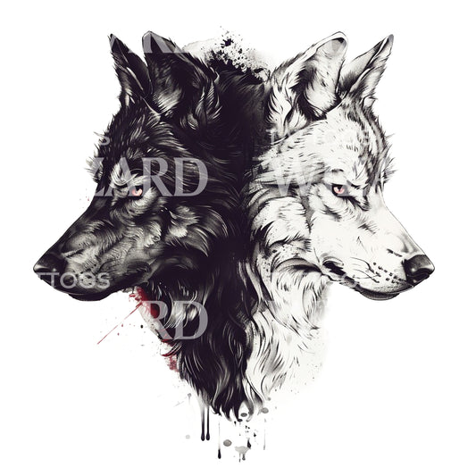 Black Wolf and White Wolf Tattoo Design
