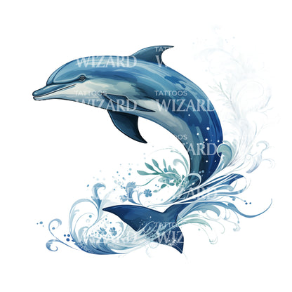 Cool Dolphin Surfin in The Ocean Tattoo Design