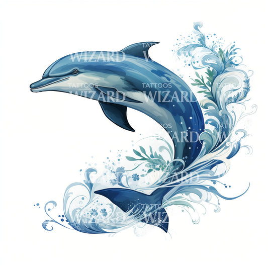 Cool Dolphin Surfin in The Ocean Tattoo Design