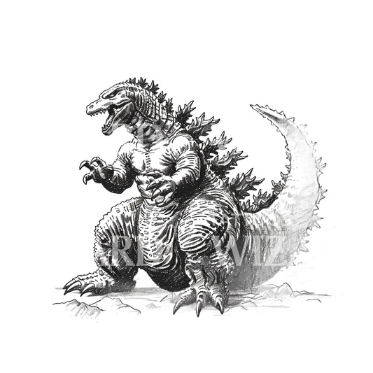 Cross-hatched Drawing of Godzilla Tattoo Design