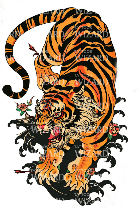 Crouching Tiger in Japanese Style Tattoo Idea