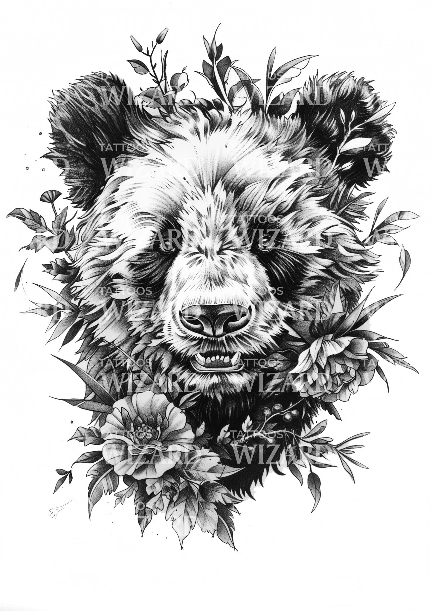 Cute Panda Floral Tattoo Idea