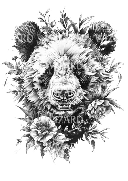 Cute Panda Floral Tattoo Idea