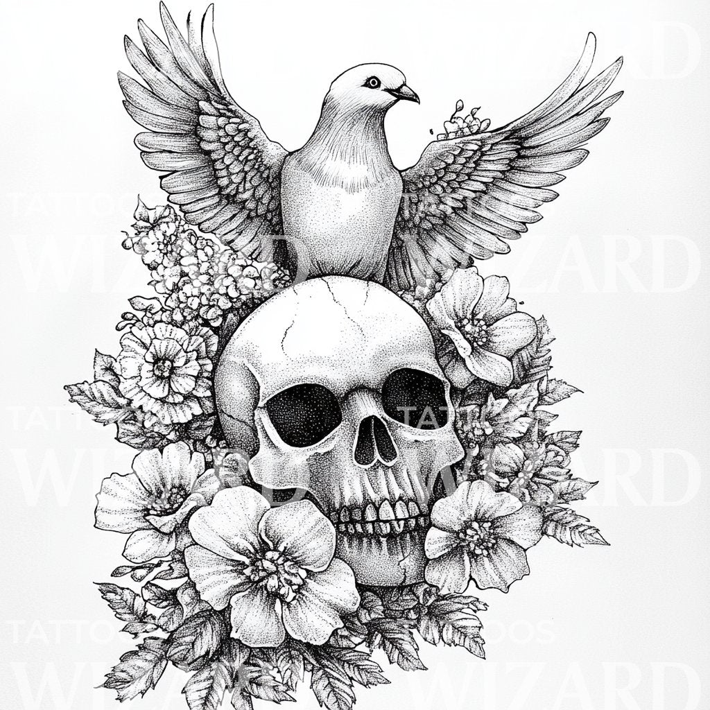 Dotwork Skull and Dove with Flowers Tattoo Design