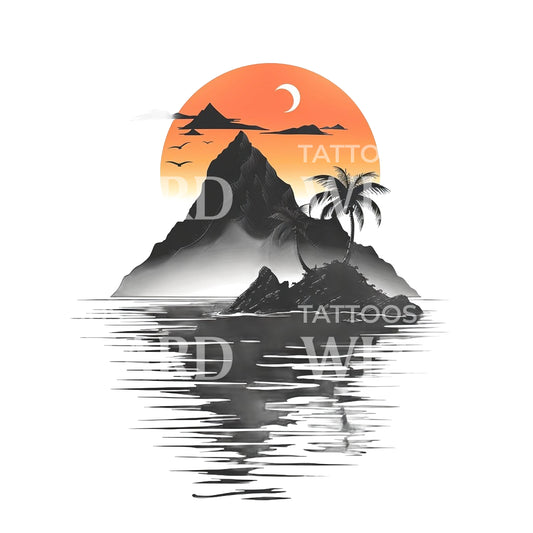 Dreamy Island at Sunset Tattoo Design