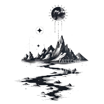 Dreamy Mountain Dotwork Tattoo Design