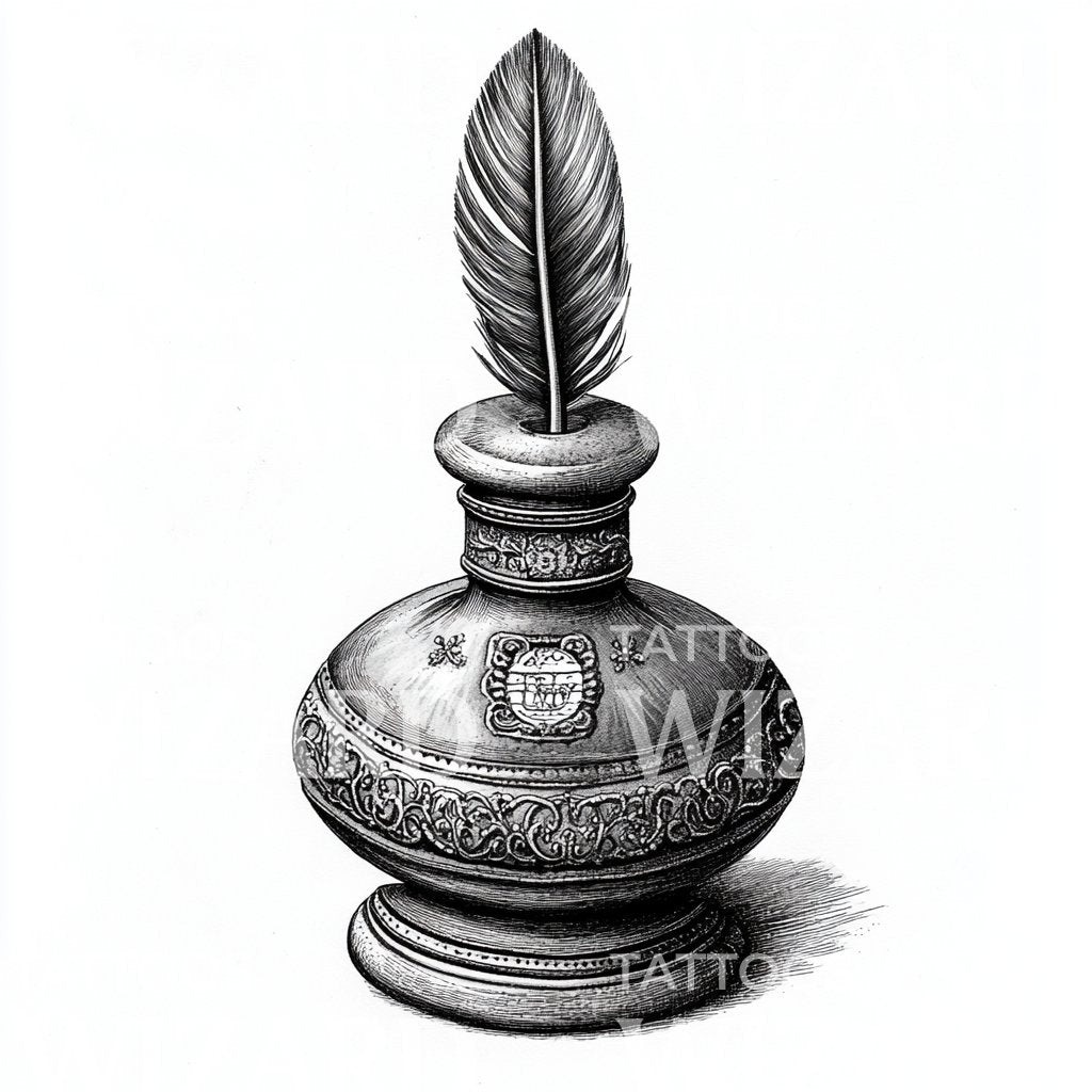 Elegant Inkwell with Feather Quill Tattoo Design