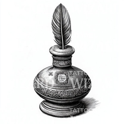 Elegant Inkwell with Feather Quill Tattoo Design