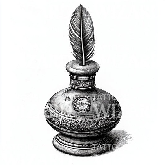 Elegant Inkwell with Feather Quill Tattoo Design