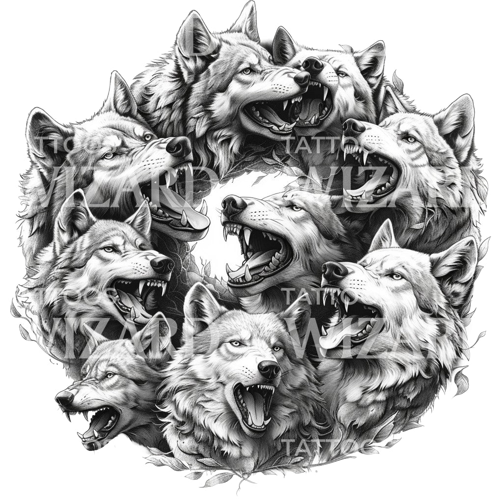 Evil Wolf Pack Tattoo Design