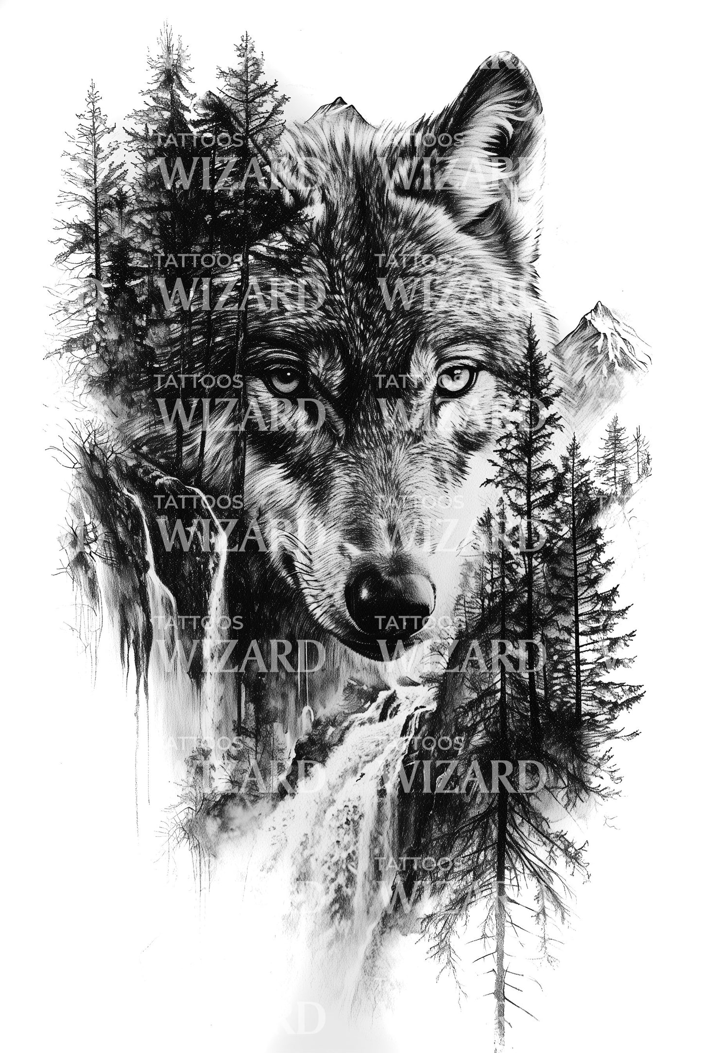 Fierce Wolf in Nature Composition Tattoo Design