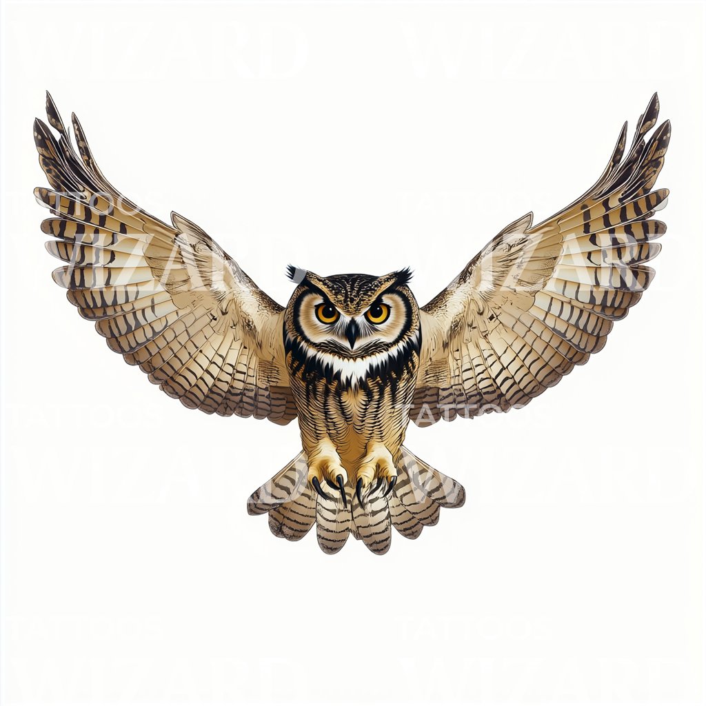 Frontal Owl Fierce Gaze Tattoo Design