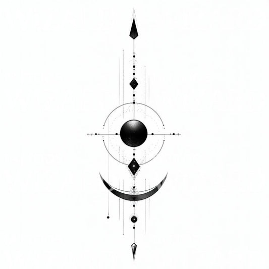 Geometric Crescent Moon and Sphere Tattoo Design