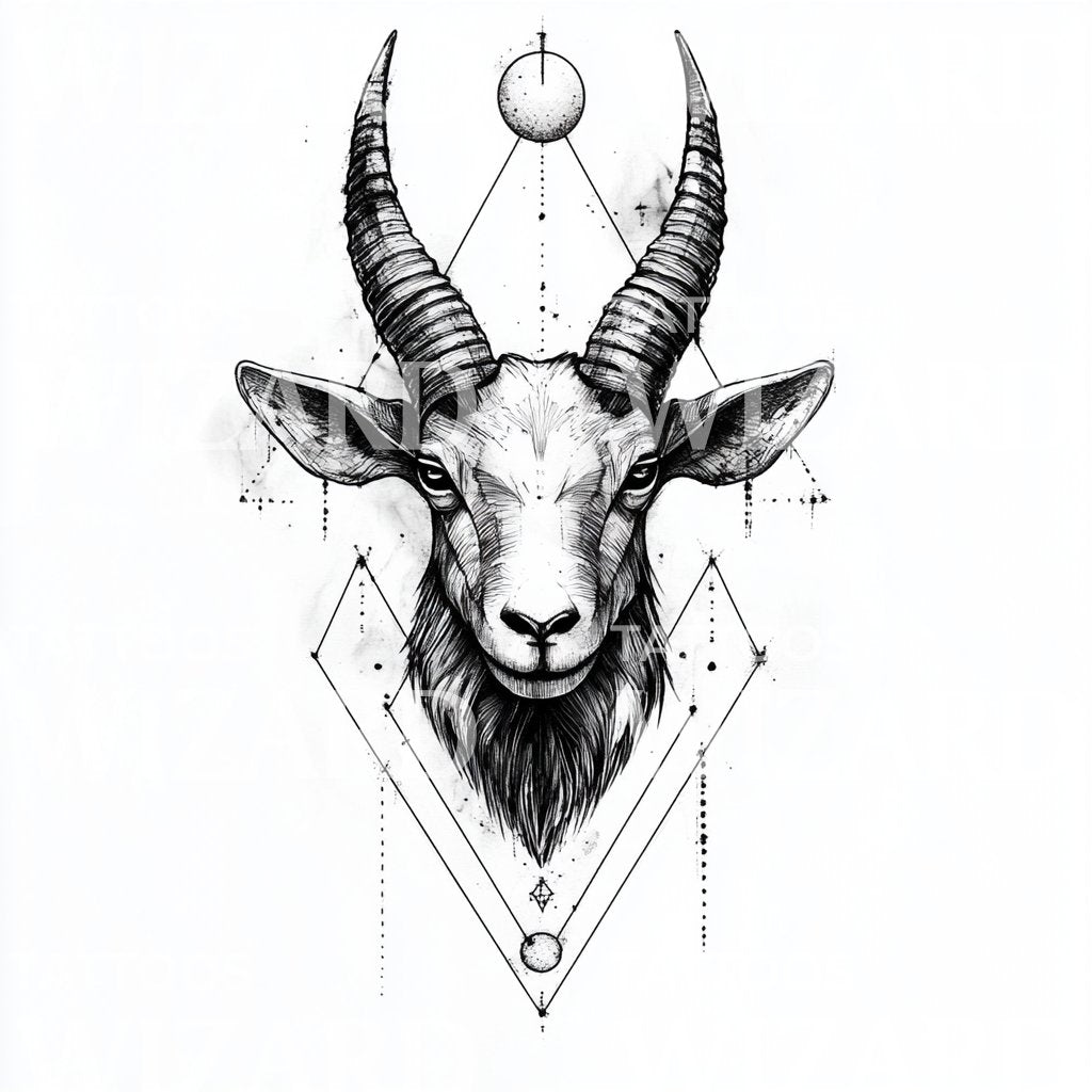 Geometric Goat Head with Sacred Symbol Tattoo Design