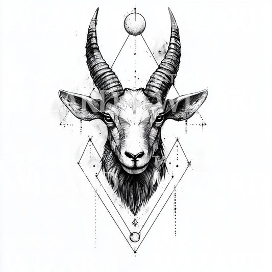 Geometric Goat Head with Sacred Symbol Tattoo Design