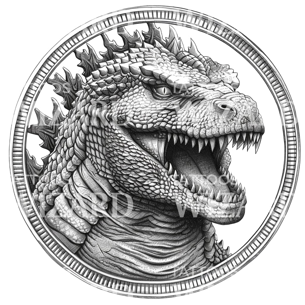 Godzilla Face Coin Frame Tattoo Design