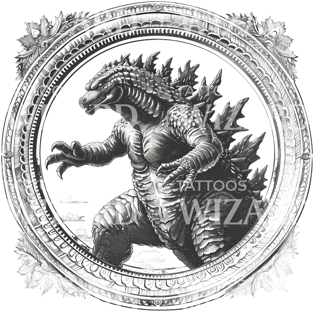 Godzilla In Vintage Fancy Frame Tattoo Design