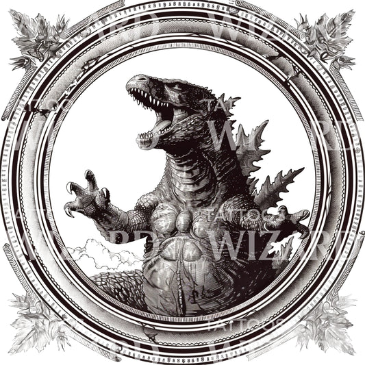Godzilla Victorian Frame Tattoo Design