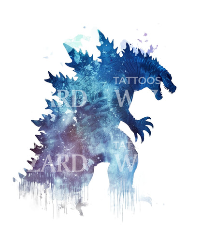 Godzilla Watercolor Sillhouette Tattoo Design