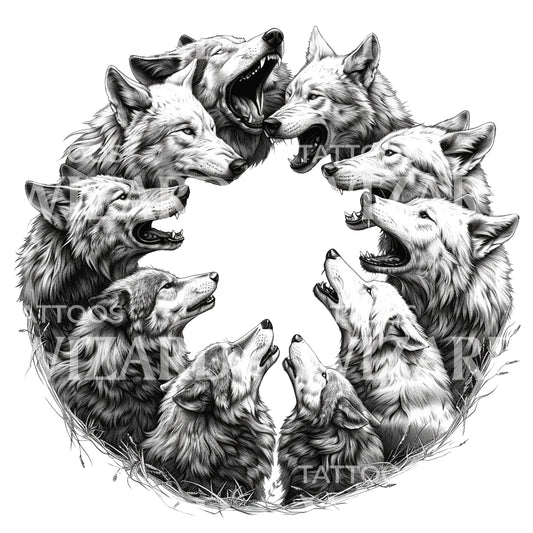 Howling Wolves in a Circular Pack Tattoo Design