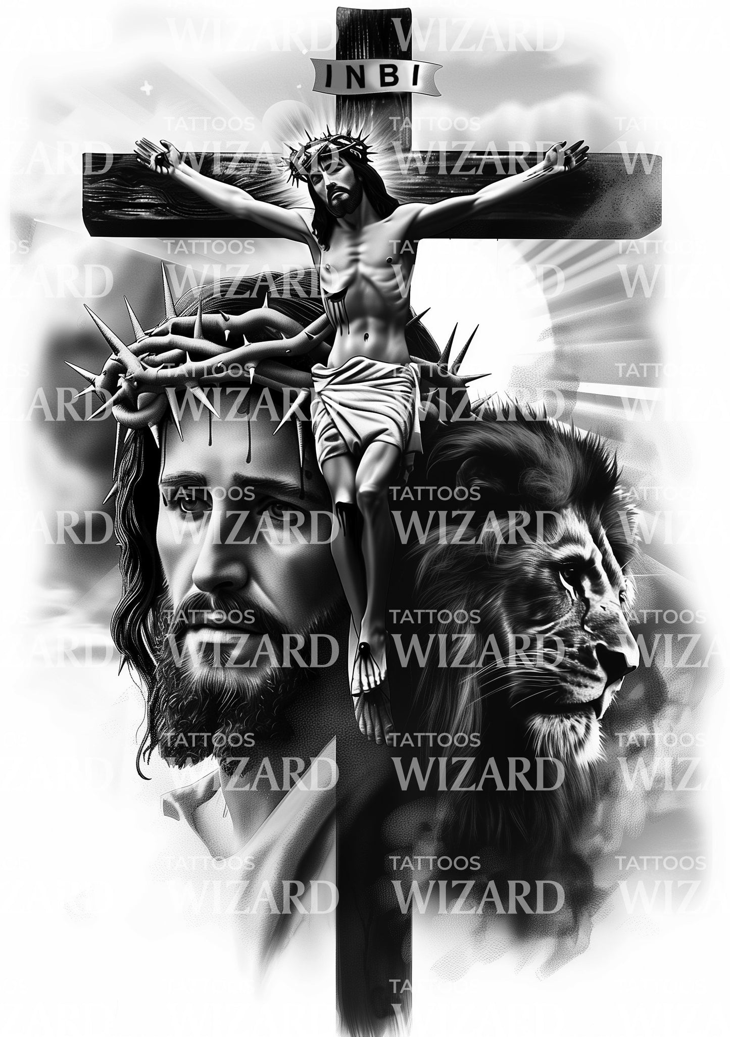 Jesus on the Cross with Lion Faith Tattoo Design