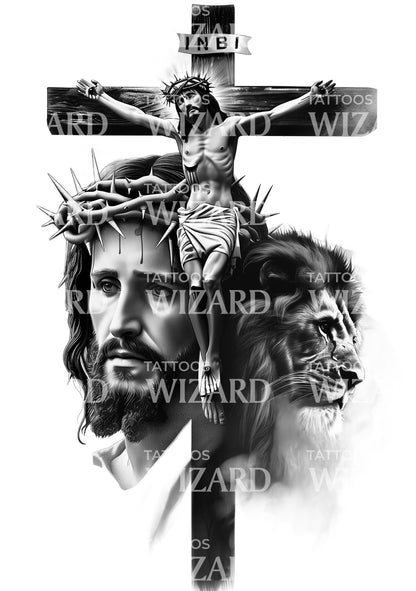 Jesus on the Cross with Lion Faith Tattoo Design