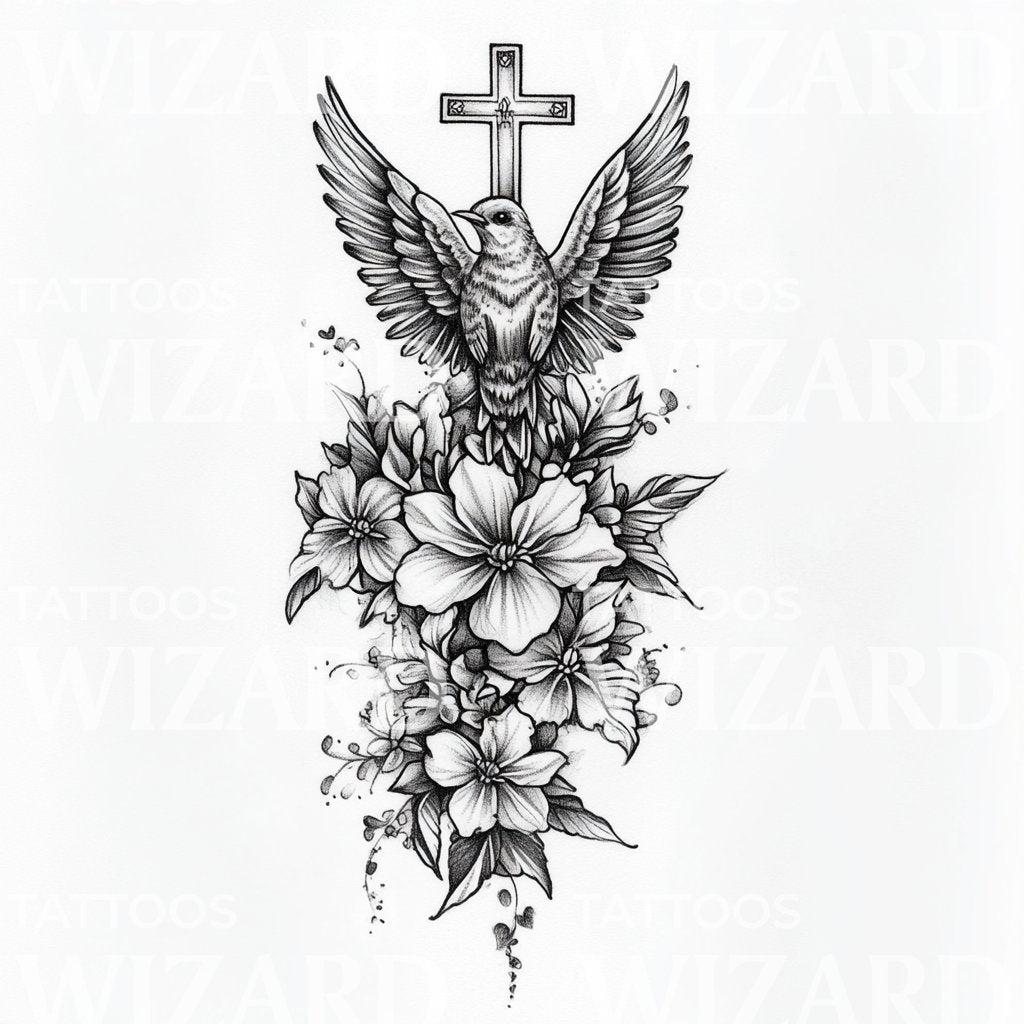 Memorial Tattoo with Dove and Cross Tattoo Design