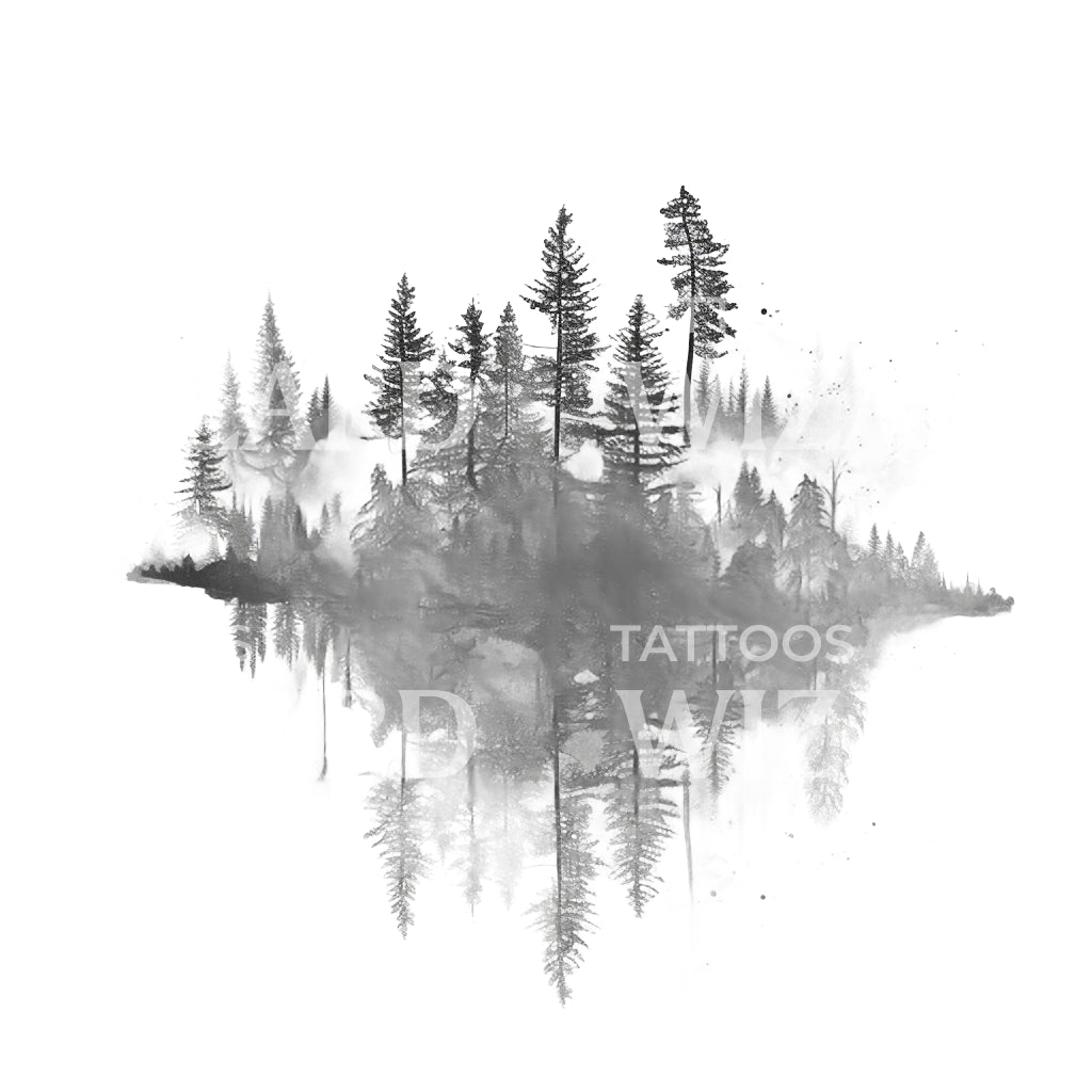 Mysterious Pine Tree Forest with Fog Tattoo Design