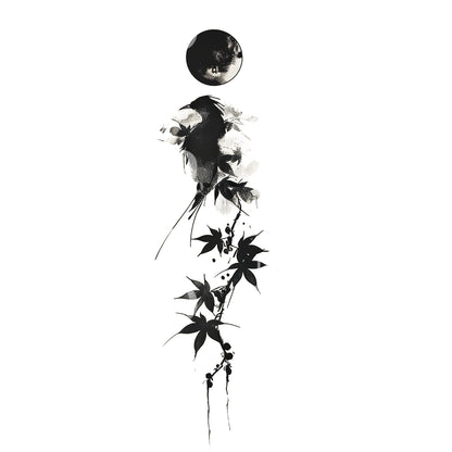 Mystic Bird and Maple Chinese Ink Tattoo Design