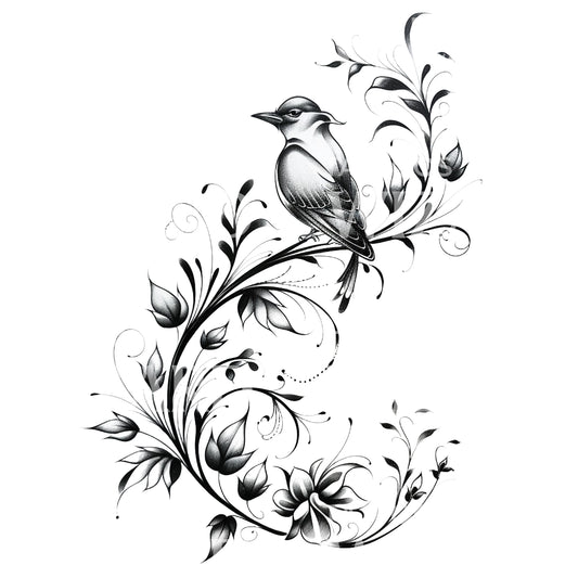 Une conception de tatouage d'oiseau et de fleurs ornementales