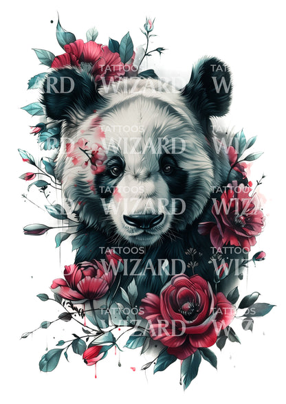 Panda With Roses and Peonies Tattoo Idea