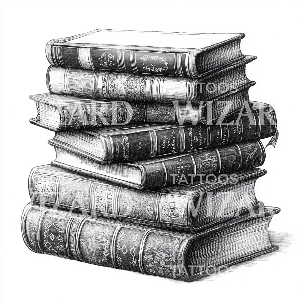 Pile of Old Leather Books Tattoo Design