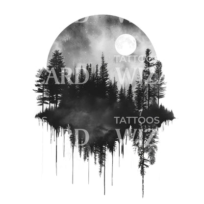 Pine Forest in a Full Moon Tattoo Design