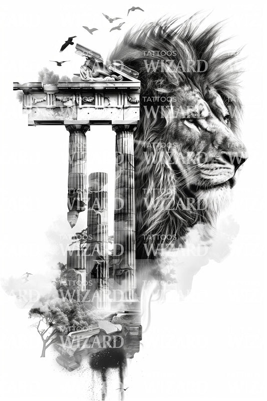 Powerful Lion Among the Ruins Tattoo Idea