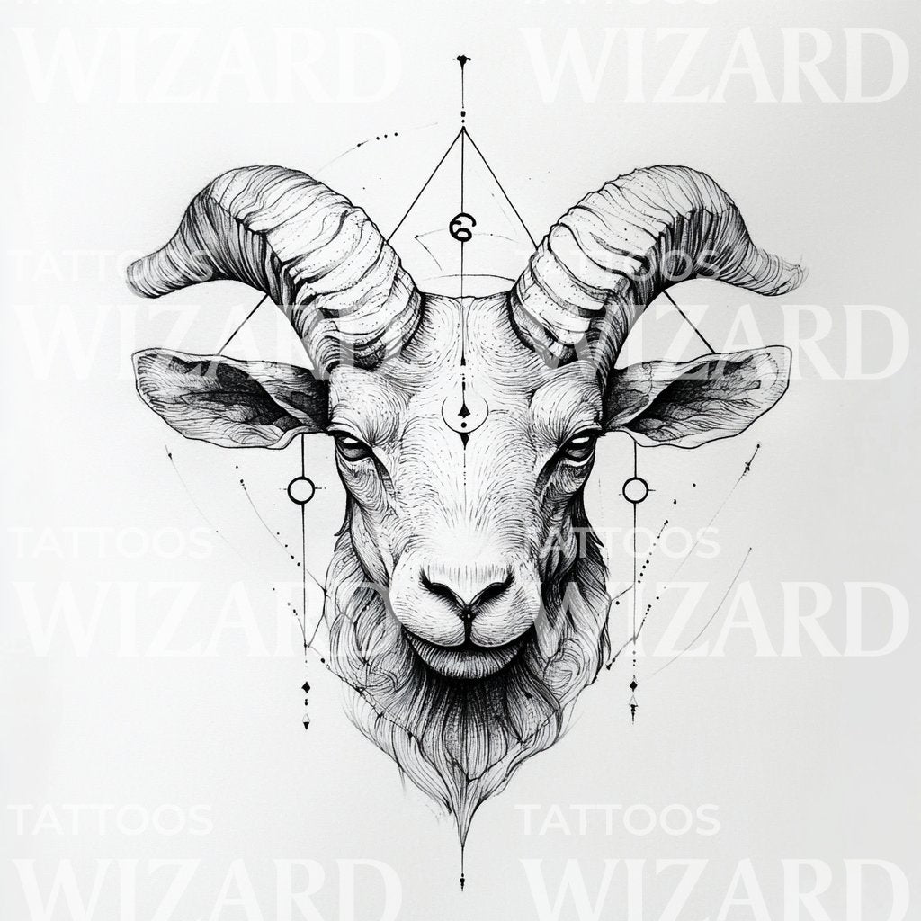 Ram Head with Geometric Symmetry Tattoo Design