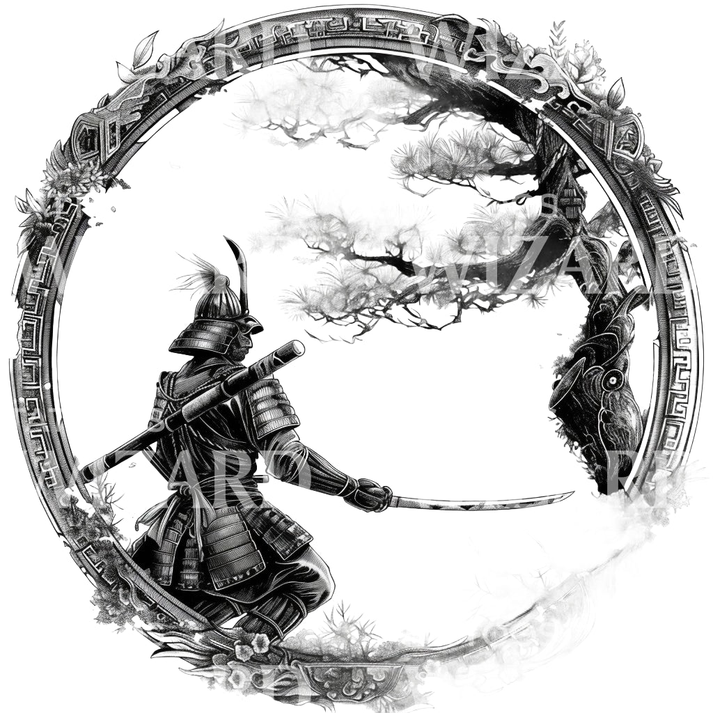 Samurai And Tree Circular Frame Tattoo Design Tattoos Wizard Designs