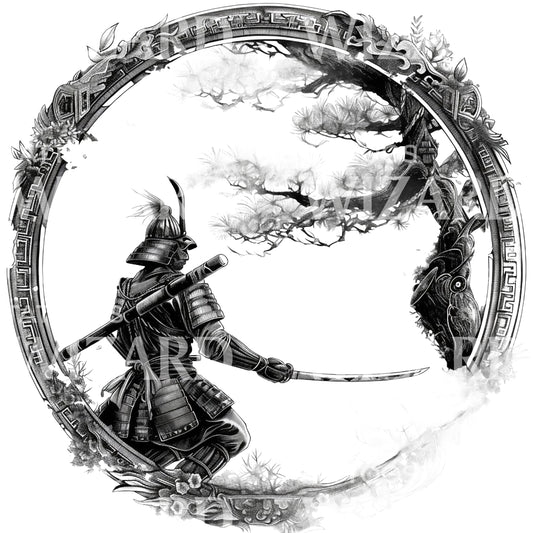 Samurai And Tree Circular Frame Tattoo Design