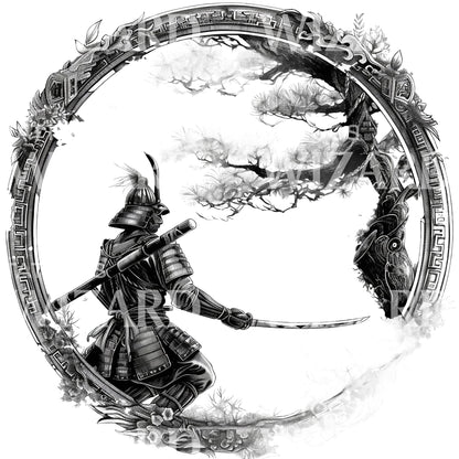 Samurai And Tree Circular Frame Tattoo Design